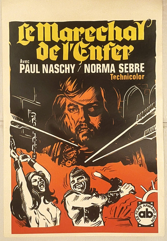 Vintage Belgian movie poster with yellow gothic title, orange and black illustration of bearded villain's face, and white fig