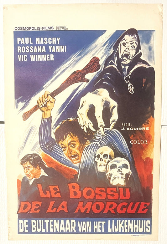 Vintage Belgian horror movie poster featuring menacing vampire character with club, skulls, and frightened faces in red and b