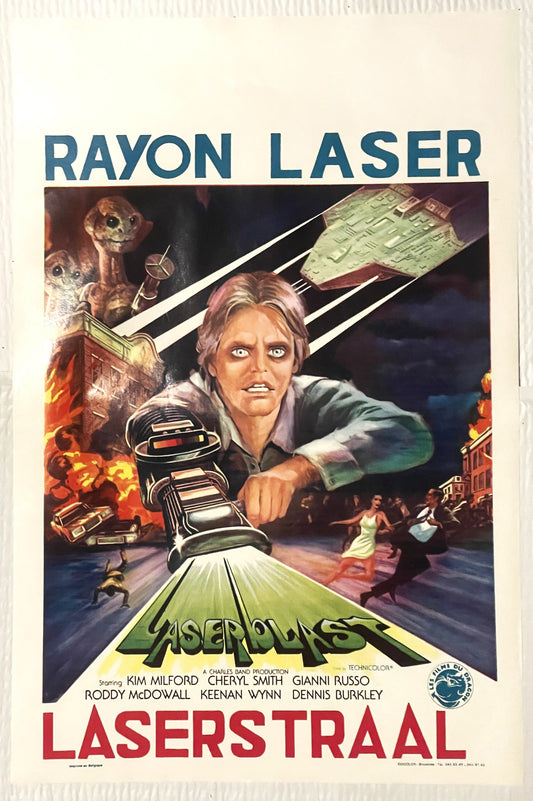Vintage 1978 Belgian movie poster for "Laserblast" featuring a man aiming a laser weapon with alien creatures and spacecraft