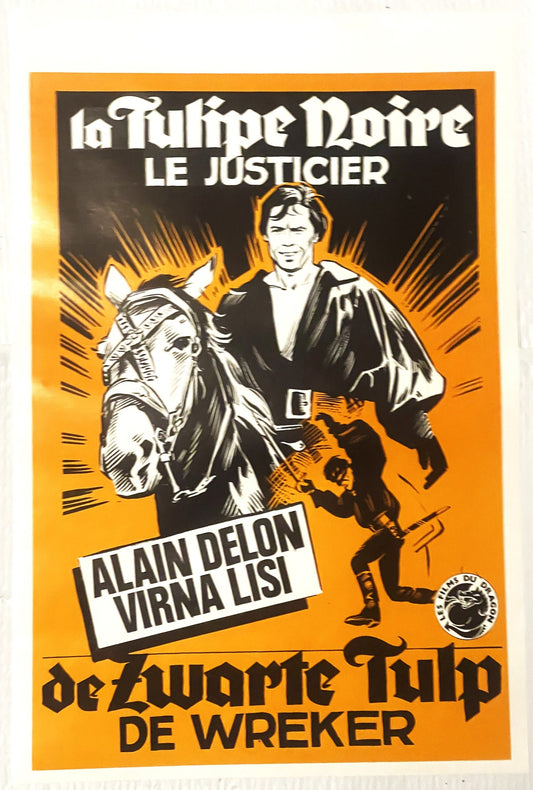 Vintage Belgian movie poster with bold orange background featuring man on horseback in dark coat, text in French and names Al