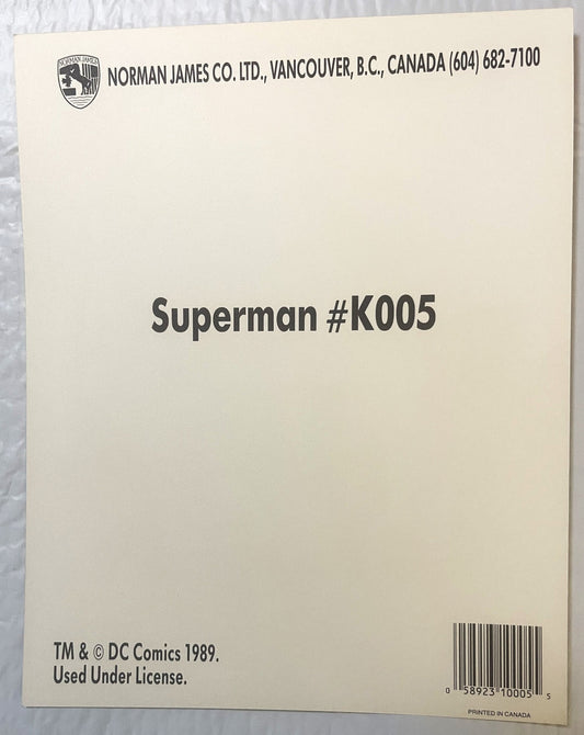 Back cover of Superman #K005 lobby card by Norman James Co. Ltd., Vancouver, showing cream paper with barcode and DC Comics c