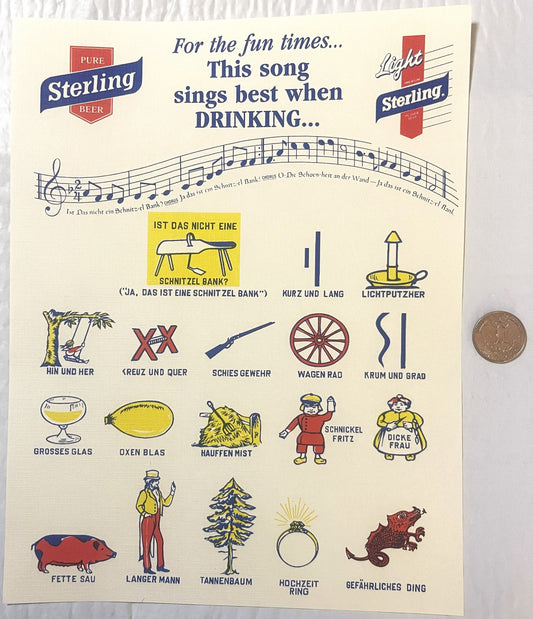 Vintage Sterling Beer song sheet with German lyrics, musical staff, illustrated icons, and beer logos, displayed flat with a