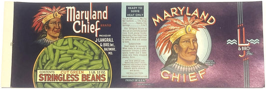 Vintage Maryland Chief brand stringless beans label showing Native American chief portrait in headdress, green beans illustra