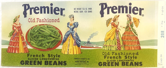 Vintage Premier brand green beans can label featuring Victorian ladies in period dress with steamboat, text reads "Old Fashio