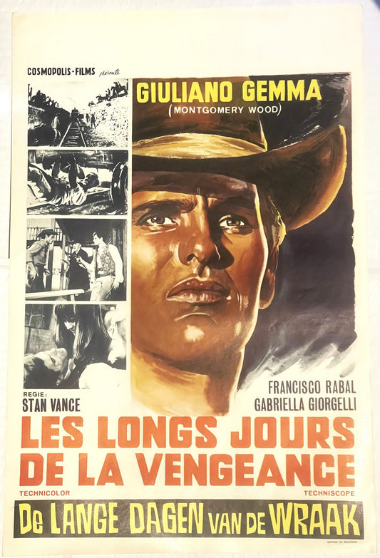 Vintage 1967 spaghetti western movie poster featuring Giuliano Gemma in cowboy hat, with black and white film stills and red