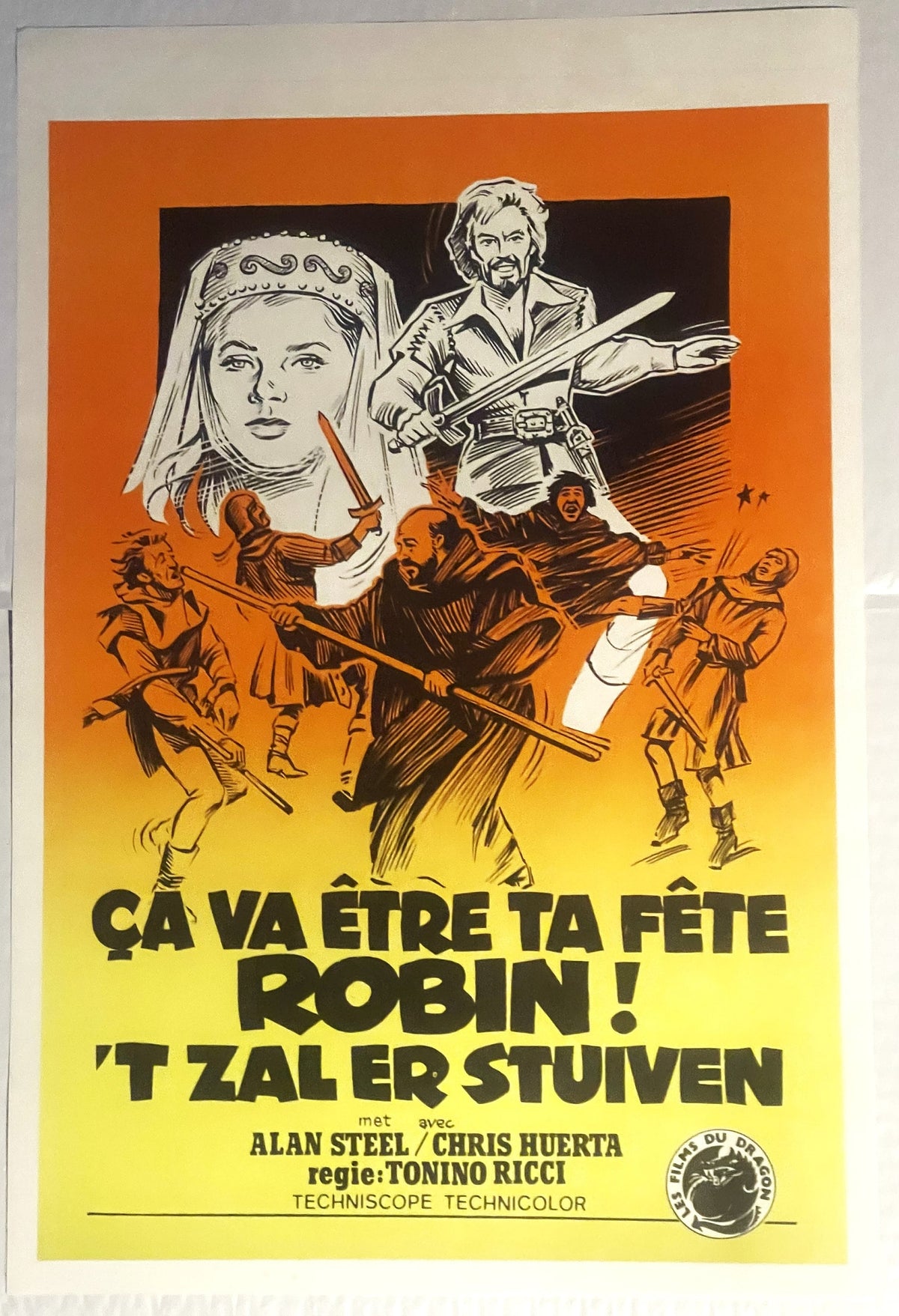 Vintage Belgian movie poster with orange-to-yellow gradient background featuring illustrated characters and French