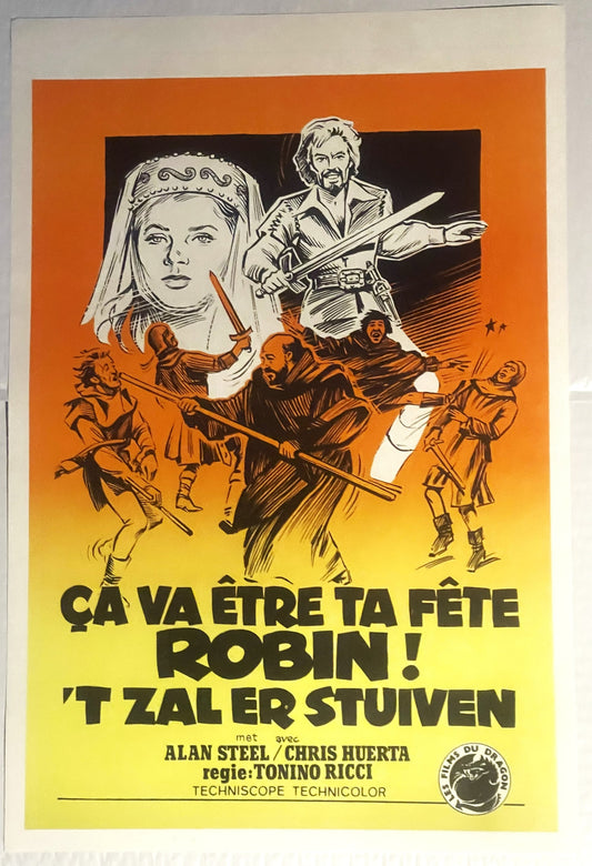 Vintage Belgian movie poster with orange-to-yellow gradient background featuring illustrated characters and French text "Ça V
