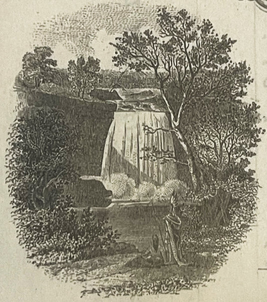 Black and white engraving showing a waterfall surrounded by dense forest trees, centered on an antique bank stock certificate