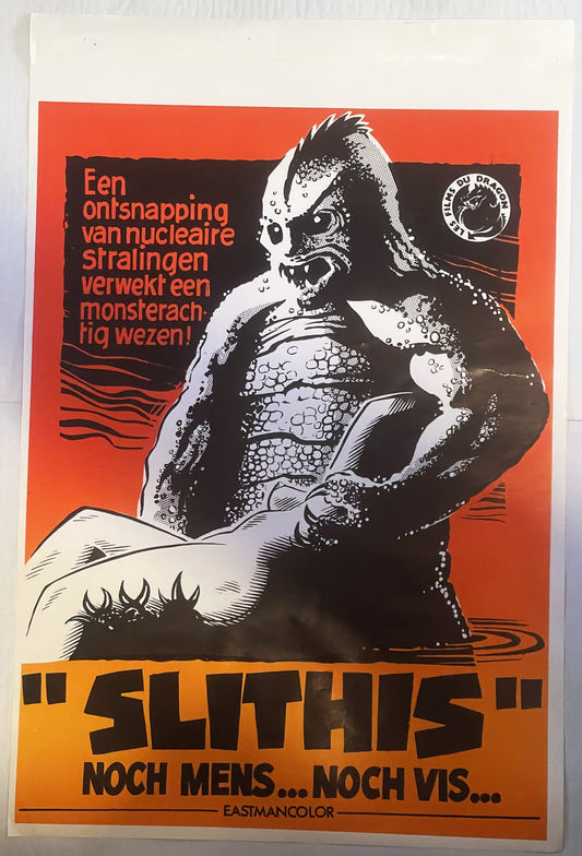 Vintage Belgian movie poster featuring a grotesque amphibian creature in black and white against red and orange background wi