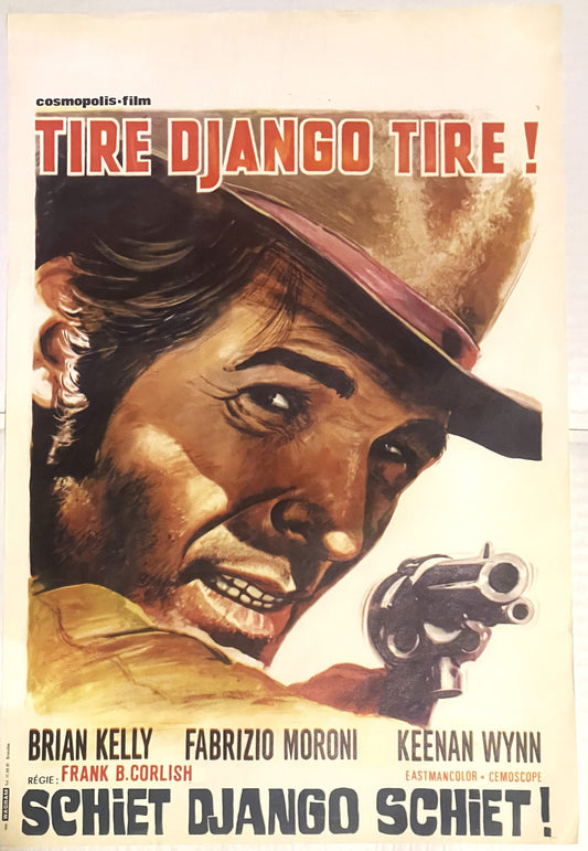 Vintage spaghetti western movie poster featuring a man in a yellow shirt and red cap with a revolver, with red and black text