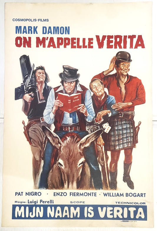 Vintage movie poster featuring four characters in Western attire around a cow's head, with red and blue text advertising "On