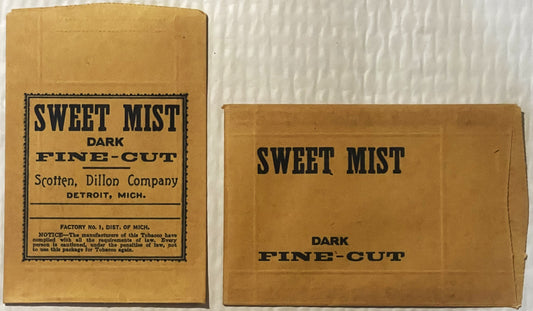Two vintage Sweet Mist Dark Fine-Cut tobacco bags from Scotten, Dillon Company, Detroit, Michigan, shown front and back again