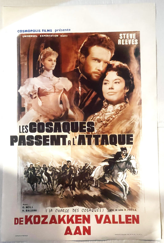 Vintage Belgian movie poster for "Les Cosaques Passent" featuring Steve Reeves, with illustrated figures and Cyrillic text at