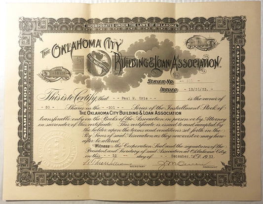 Antique stock certificate from Oklahoma City Building & Loan Association dated December, featuring ornate border and com