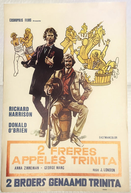 Vintage Belgian movie poster for "2 Freres Appeles Trinita" featuring two men in Western attire with illustrated characters a