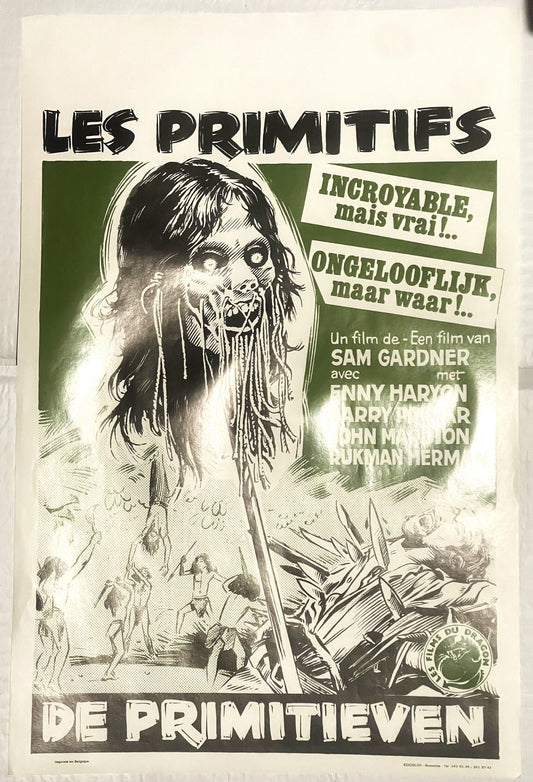 Vintage Belgian movie poster featuring grotesque face with dripping features, green and black ink on cream paper, Dutch/Frenc