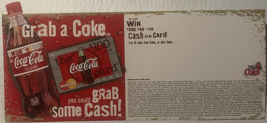 Vintage 1998 Coca-Cola promotional display advertising "Grab a Coke Grab Some Cash" with MasterCard ATM card giveaway, featur
