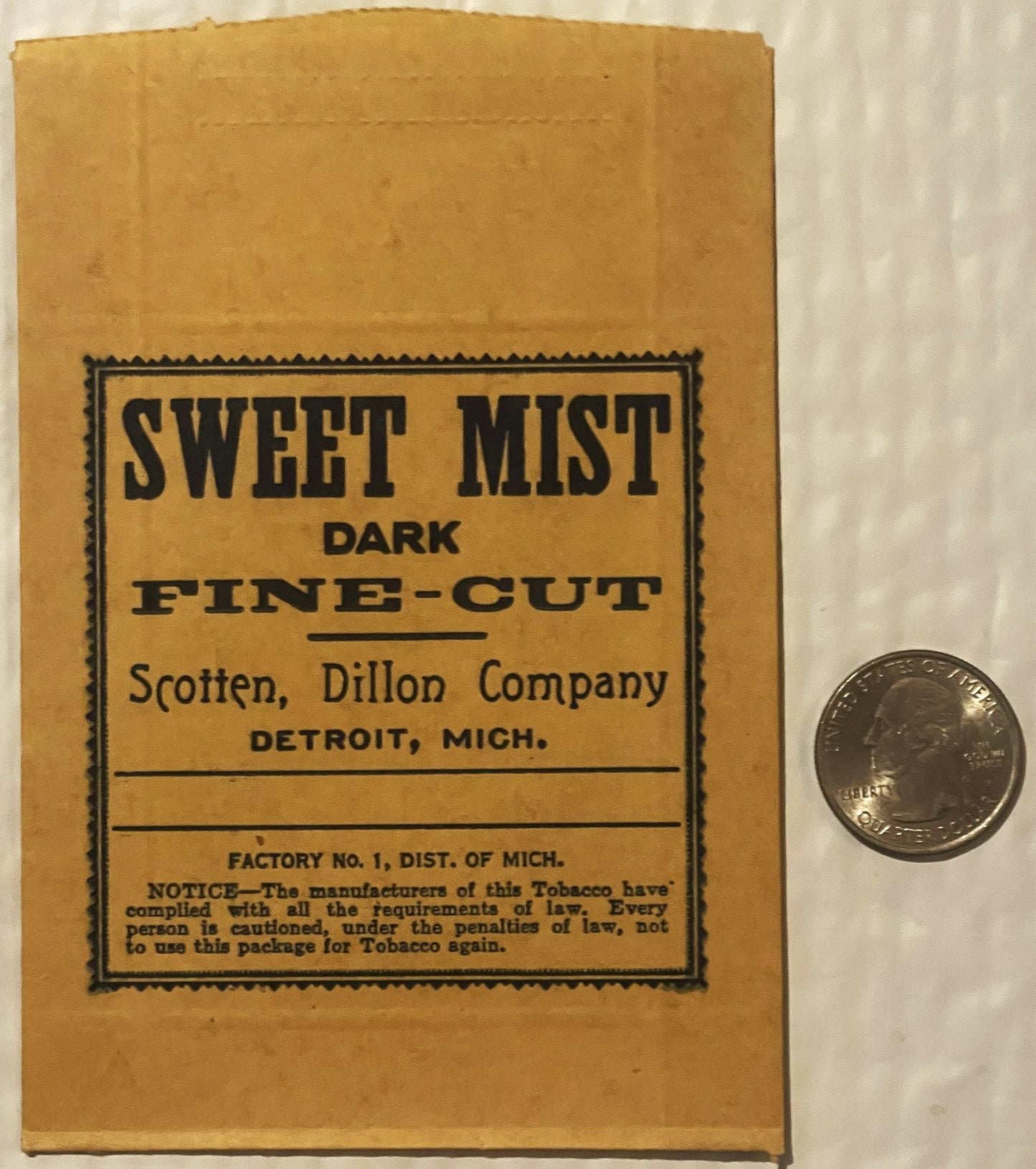 Antique Vintage 1930s - 1940s Sweet Mist Dark Fine Cut Tobacco Bag, Detroit, MI 🚬
