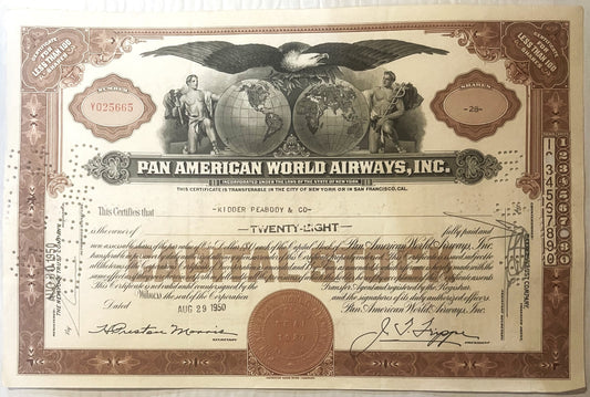 Vintage Pan American World Airways stock certificate, featuring brown and gold ornamental borders, eagl