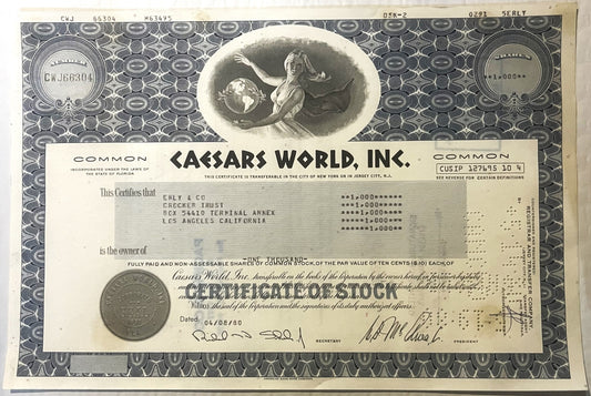 Caesars World, Inc. stock certificate for 1,000 shares, featuring classical engraving with allegoric