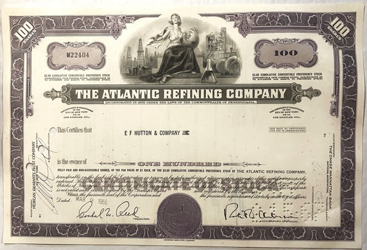 Vintage stock certificate from Atlantic Refining Company, featuring ornate borders, allegorical figures, and signa