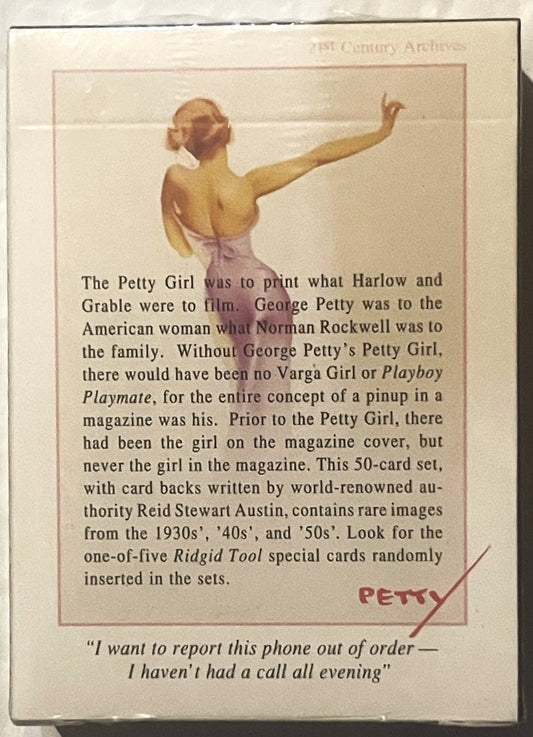 Vintage trading card set box back showing illustrated woman with raised arm, descriptive text about George Petty's Petty Girl