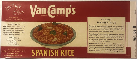 Vintage Van Camp's Spanish Rice label, 15 oz can, red and cream design with bowl of rice dish, ingredients and directions vis