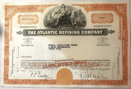 Atlantic Refining Company stock certificate with ornate orange border, allegorical engravings, and signatures