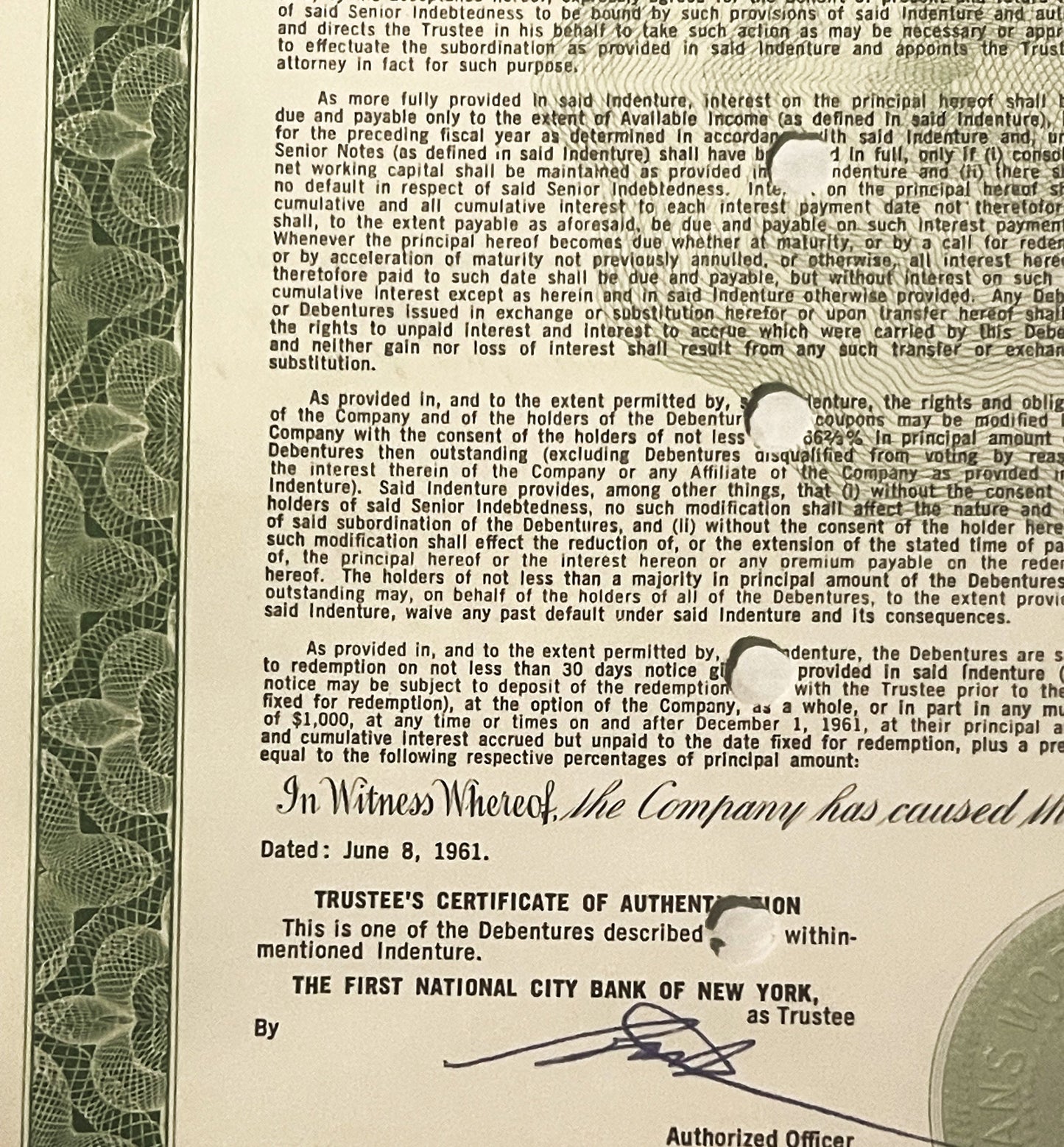 Close-up of vintage 1961 TWA debenture bond showing typed legal text, "In Witness Whereof" script, June 8, 1961 date, and Fir