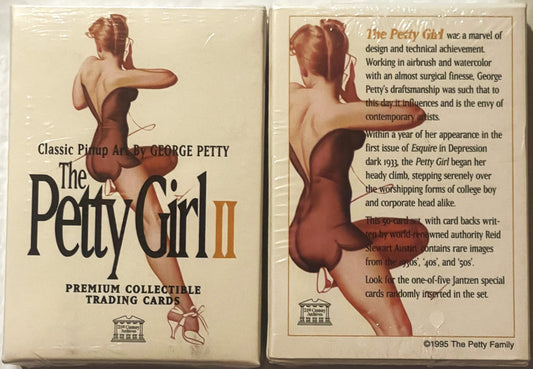 Sealed 1995 trading card box set featuring George Petty pinup artwork, front and back panels visible showing vintage illustra