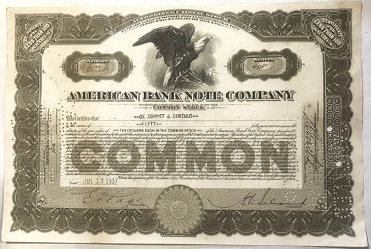 Vintage American Bank Note Company stock certificate, featuring a bald eagle vignette, ornate border desi