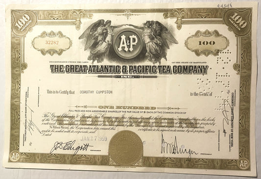 Vintage stock certificate for The Great Atlantic & Pacific Tea Company with ornate border, angel imagery, and signatures date