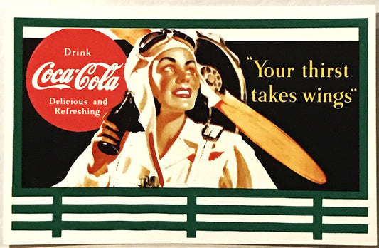 Vintage Coca-Cola promotional card featuring female pilot in white uniform holding bottle with "Your thirst takes wings" slog