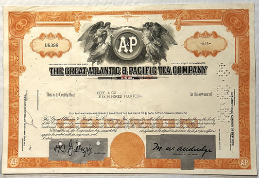 Vintage A&P stock certificate with orange decorative border, two winged figures, circular seal, and handwritten signatures