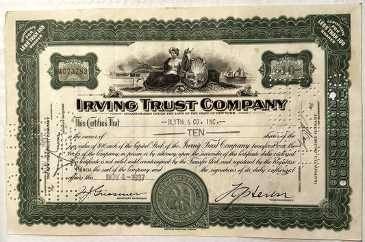 Irving Trust Company stock certificate for ten shares, featuring green ornamental border, allegorical maritime imagery
