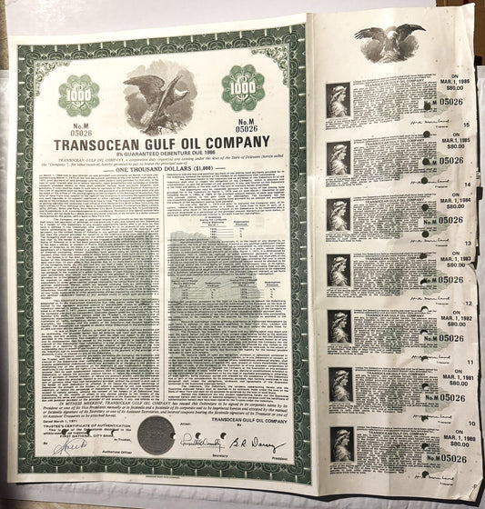 Vintage Transocean Gulf Oil Company bond certificate ($1,000 debenture) with multiple dated coupons and eagle emblems display