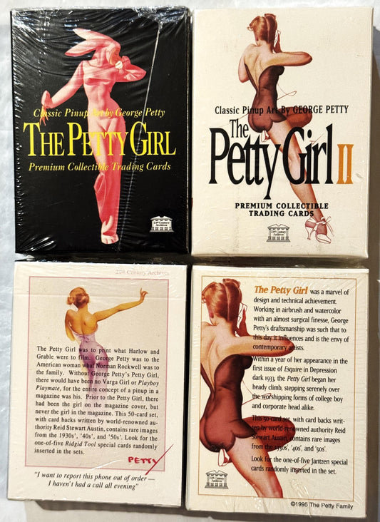 Four sealed trading card boxes featuring George Petty pinup artwork from 1994-1995, displayed in flat lay showing front packa