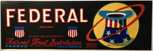 Vintage fruit crate label with "Federal Brand" in red letters, patriotic shield emblems, and a stylized UFO with American fla