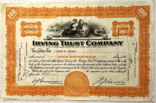 Ornate orange and cream Irving Trust Company stock certificate for 100 shares, featuring alle