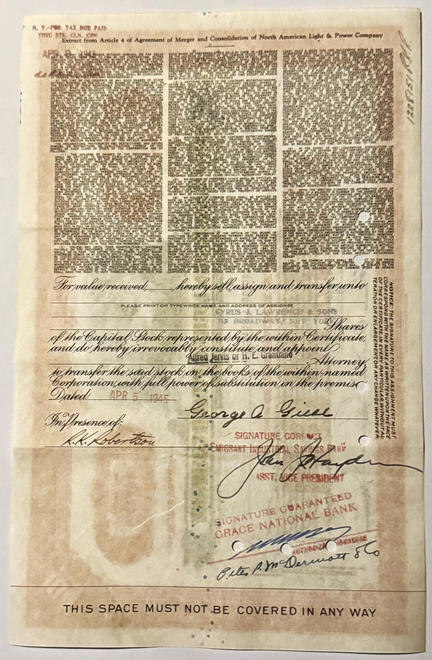 Vintage stock certificate from North American Light & Power Company, with handwritten signatures and bank