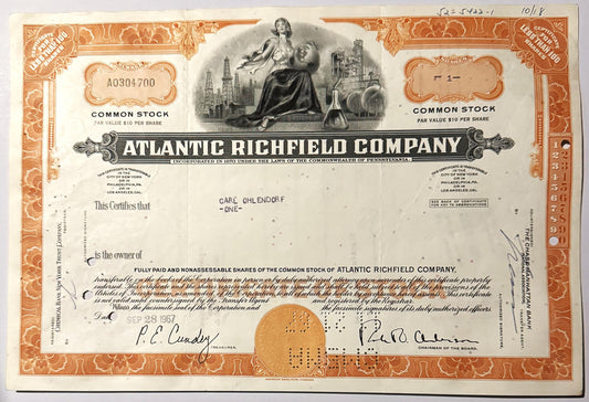 Vintage Atlantic Richfield Company stock certificate from with orange ornamental border