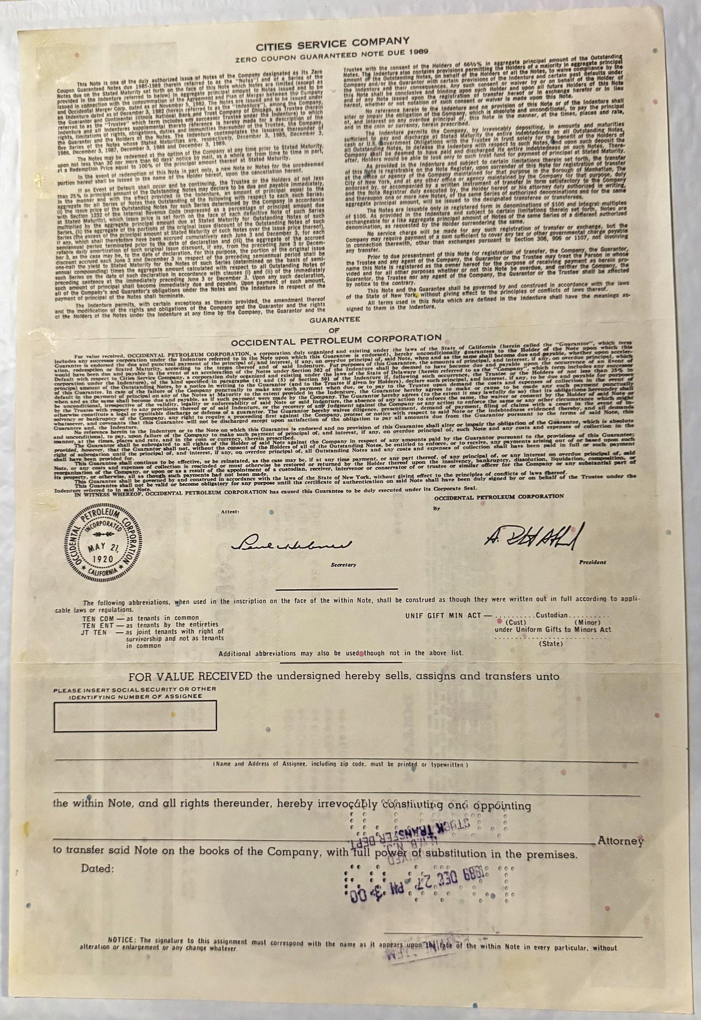 Aged financial document from Cities Service Company dated 1989 with printed text, corporate seal, and signatures, yellowed pa