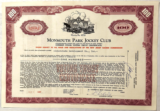 Vintage Monmouth Park Jockey Club stock certificate for 100 shares, burgundy and cream with ornate borders and horse rac