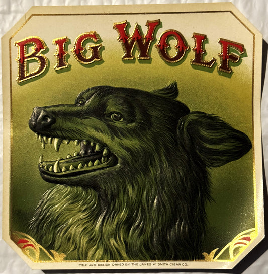 Antique gold embossed cigar label featuring a snarling wolf's head with bared teeth, red "BIG WOLF" text above, James W. Smit