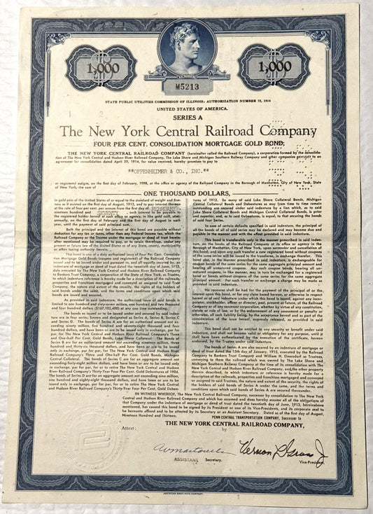 Antique 1913 New York Central Railroad $1,000 gold bond certificate with classical portrait and ornate blue border on aged cr
