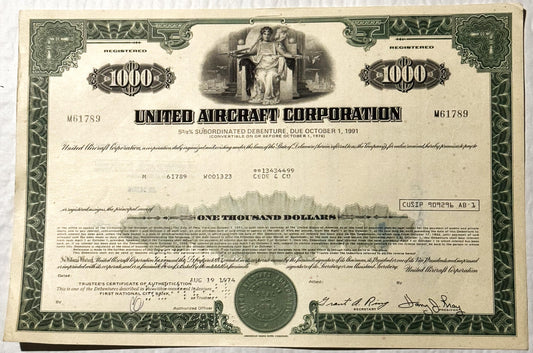 Vintage 1974 United Aircraft Corporation bond certificate with ornate green border, allegorical engraving, and official seals