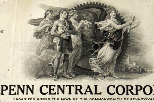 Vintage engraving of five classical figures in robes with large gear wheel, labeled "PENN CENTRAL CORPO" at bottom on aged pa