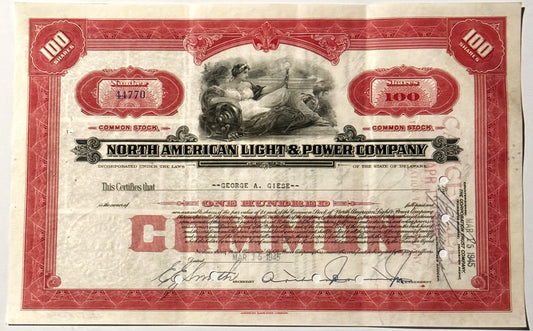 Vintage red and cream stock certificate for North American Light & Power Company dated March
