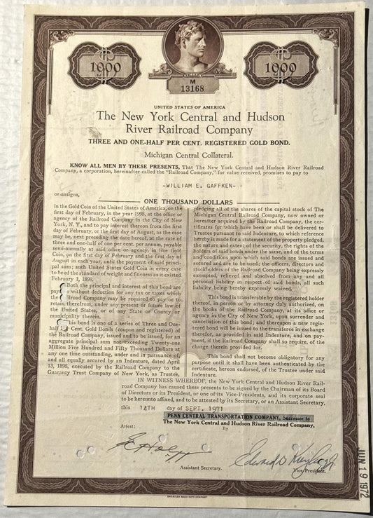 Ornate vintage railroad bond certificate for $1000 from New York Central and Hudson River Railroad Company, dated September 1