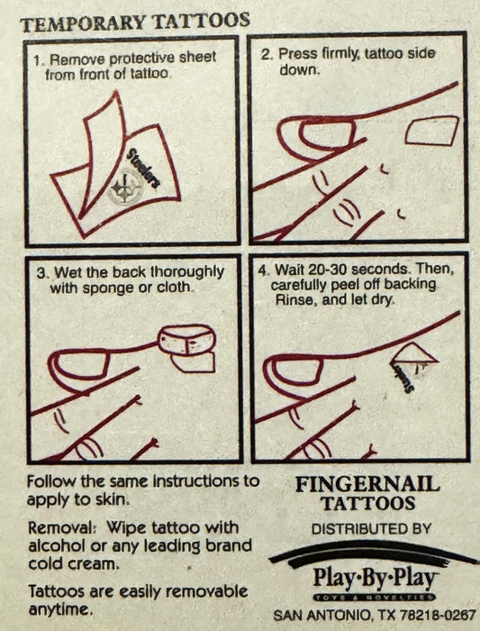 Instruction sheet for temporary tattoos with four steps showing removal, pressing, wetting, and peeling process, distributed